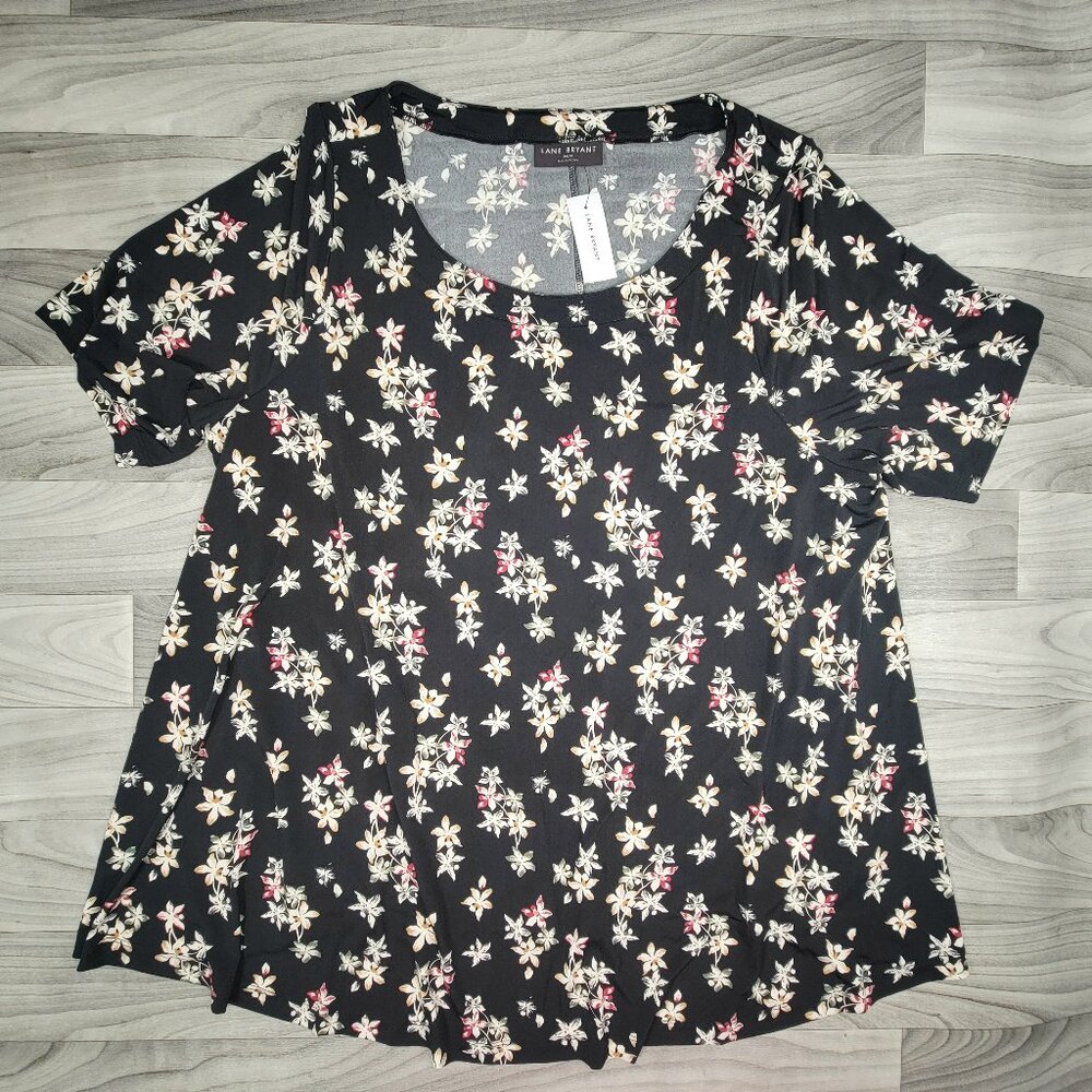 Lane Bryant Womens Size 26/28 Top Stretch Black Floral Short Sleeve Round Neck